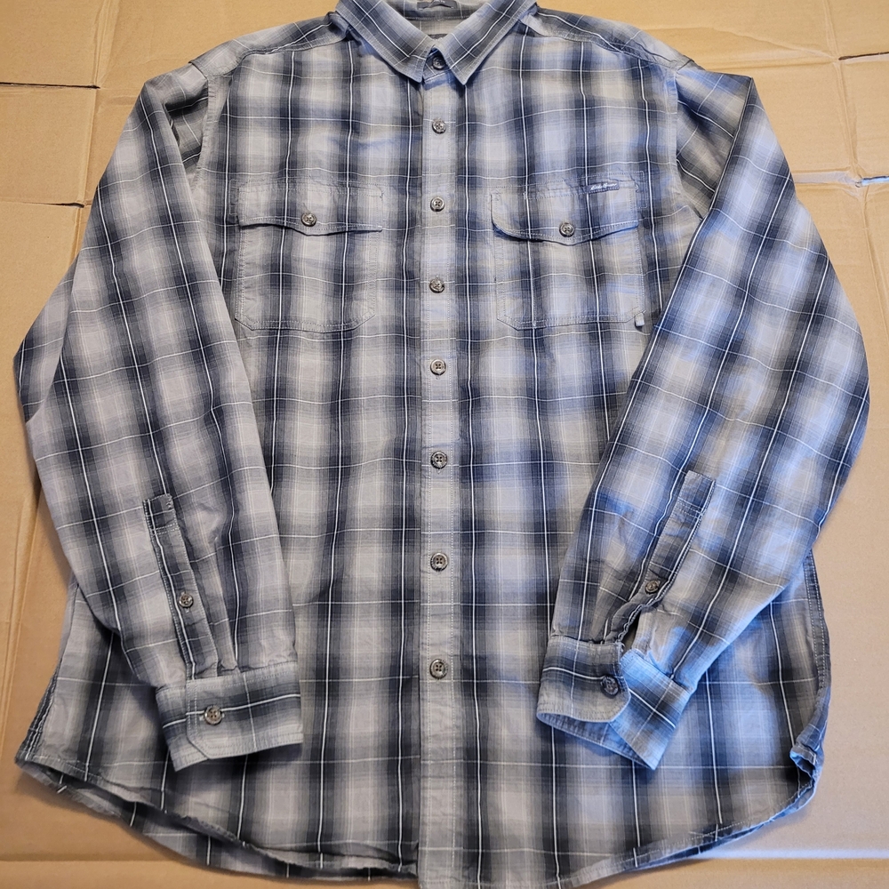 Eddie Bauer Men's Blue and Gray Plaid Button Down Shirt Sz. TXL